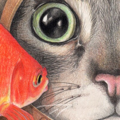Deep Sea Diver Cat, Goldfish Print, made from my Original Pencil Art, 8x10 horizontal print, Cat lover Art, Cute Cat Print, Scuba Diver Art - image3